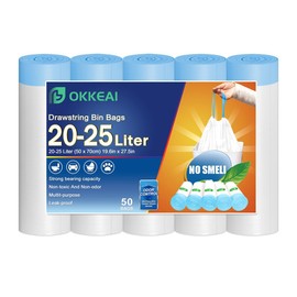 OKKEAI Bin Liners with Drawstring and Handles, Bin Bags with Carry Handle, Pack of 50 White Bin Liners