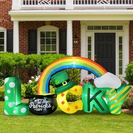 Megaction 8 Foot St. Patrick Day Inflatable Rainbow Arch with Leprechaun Sitting on Pot of Shamrock Funny Lucky Indoor Outdoor Lawn Yard Art Decoration