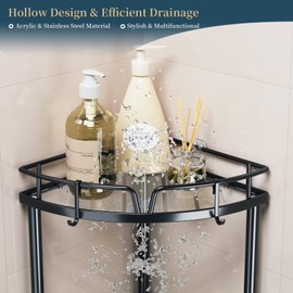 Consumest Corner Shower Caddy Standing - 3 Tier Acrylic Shower Organizer with Soap Holder, Tall Floor Corner Shelf Standing with Adjustable Feet & 4 Hooks, Storage Rack for Bathroom Black