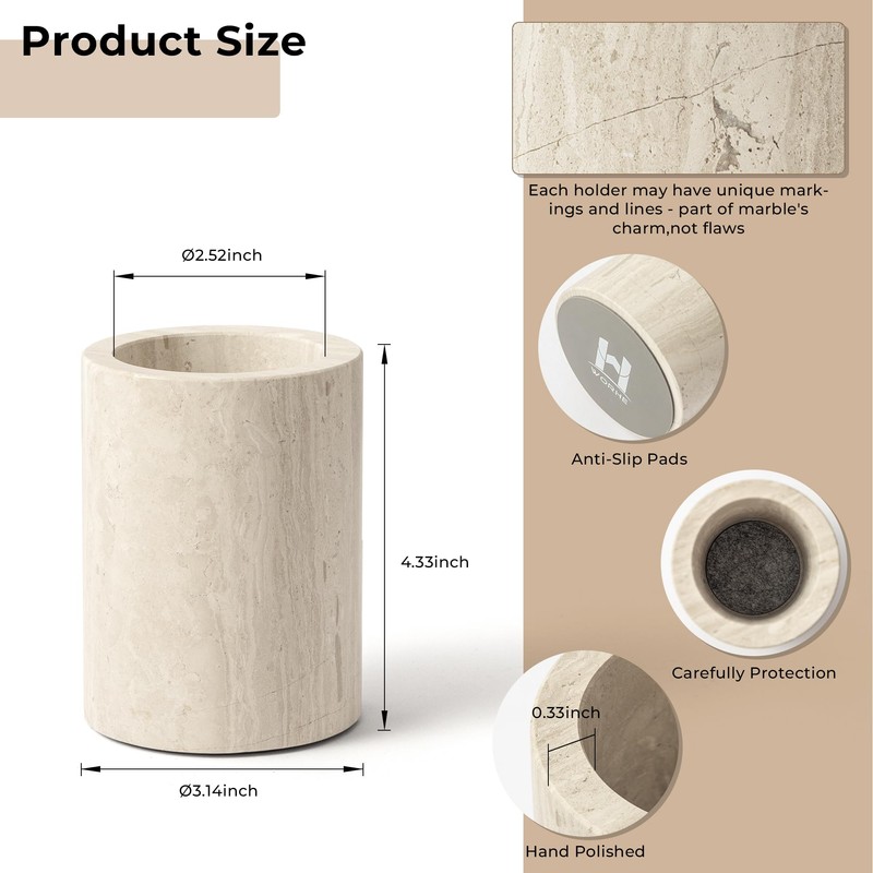 WORHE Natural Marble Pen Holder for Desk, Handcrafted Sturdy Desk
