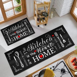 AmaAccess Farmhouse Kitchen Rug 2 Piece Set, Black and White Rustic Kitchen Decor Rugs, Non-Slip, Absorbent, Washable Floor Mats, Home Indoor Runner Carpet (Black, 17x30+17x47 Inches)