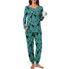 syoss Womens Pajama Set Long Sleeve Sleepwear Fall V-Neck Nightwear Soft Pjs 2 Piece Lounge Sets with Pockets L, Floral Blue-green