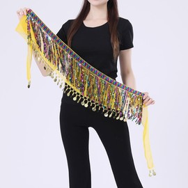 Belly Dance Hip Scarf Sequins Artificial Coins Dance Skirt Wrap Chiffon Dangling Belly Dance Waist Costume Belt for Women Girls(Yellow)