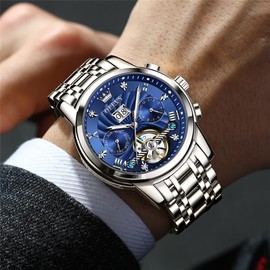 OLEVS Mens Automatic Watches Self Winding Mechanical Skeleton Tourbillon Luxury Diamond Business Dress Date Wrist Watches for Men Waterproof Luminous