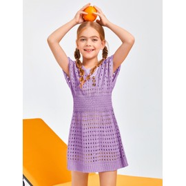 Haloumoning Girls Crochet Swim Beach Cover Up Kids Fashion Button Short Sleeve Swimsuits Cover Ups 5-14 Years Purple