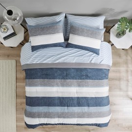 Madison Park Essentials Jaxon Full Size Comforter Set, Bed in A Bag Comforter & Sheet Set, Modern Casual Stripes Print, All Seasons, Soft Microfiber Bedding Makeover, Sham, Full, Blue/Grey 7 Piece
