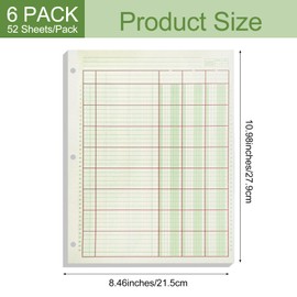 6 Pack 312 Sheets Analysis Pad Columnar Books 3 Hole Ledger Paper Pad 8.5 x 11 inch Columnar Pad Accounting Ledger Book for Business, 52 Sheets/Pack, Single Page Format, Green Red (3 Columnar)