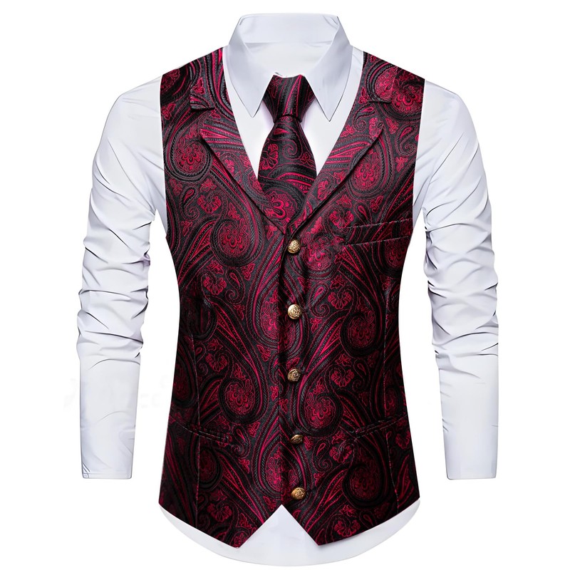 Barry.Wang Red Black Mens Silk Lapel Collar Vest Tie Sleeve