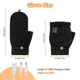 USB Heated Gloves, Heating Mittens Hand Warmers for Women, Winter Electric Warming Gloves Knitted Heating Hands Full & Half Fingerless Washable, for Laptop Gaming Typing Office (Black)