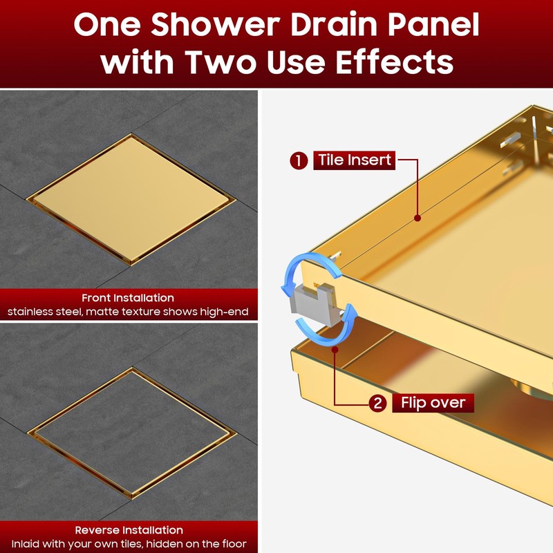 DLONE Square Shower Drain | 6 Inch Brushed Gold AISI