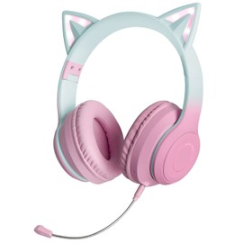 GHDVOP Cat Ear Headphones, Bluetooth 5.1, Nekomimi Headphones, Wireless Headphones, Wireless Headphones, LED Included, Sparkling, Rainbow Color Conversion, Microphone Included, Japanese Instruction