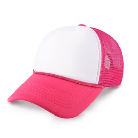 Classic Foam Trucker Hat Summer Mesh Cap Solid Two Toned Blank Foamhead hat for Mens Womens Adjustable Strap Light Weight (White/Neon Pink)