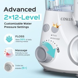 COSLUS E2 Irrigador Bucal Avanzado: 2 Modos y 12 Ajustes de Presión para Ortodoncia, Brackets y Encías Sensibles - Uso Doméstico, 5 Puntas para Múltip