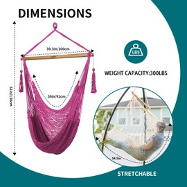 JoyView Hammock Chair with Spreader Bar Caribbean Hammock Swing Chair 300 LBS Weight Capacity XL Rope Hanging Chair for Outdoor Indoor Garden Yard - Pink