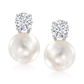 Ross-Simons Italian 10.5-11mm Cultured Pearl and 1.50 ct. t.w. CZ Drop Earrings in Sterling Silver