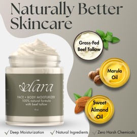 Whipped Beef Tallow Moisturizer for Skin Care - 100% Grass-Fed Tallow Skin Balm - Natural Marula Oil & Sweet Almond Oil Face + Body Whipped Moisturizer Cream - 4 Fl. Oz. - Lavender