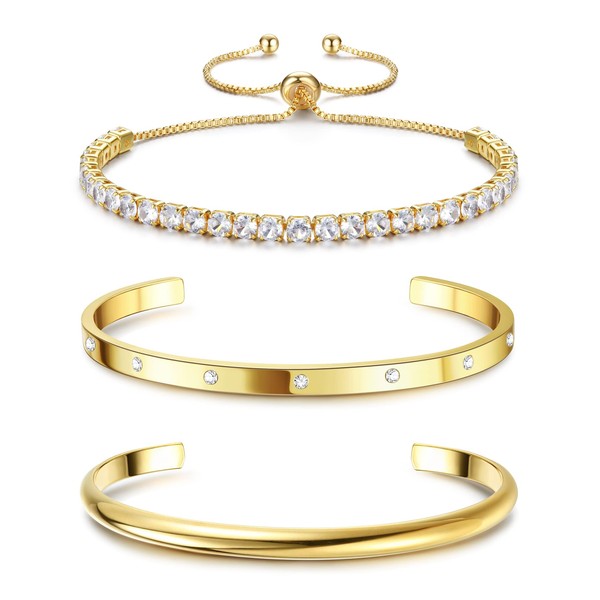 Jstyle 3Pcs Gold Bracelets for Women Girls 14K Gold Plated