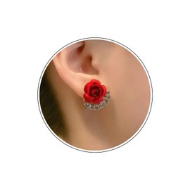 Wendalern Cubic Zirconia Rose Flower Stud Earrings Small Red Rose Earrings Matte Texture Flower Earrings Cute Rose Flower Hypoallergenic Stud Earrings Jewellery for Women Girls, Zinc, No Gemstone