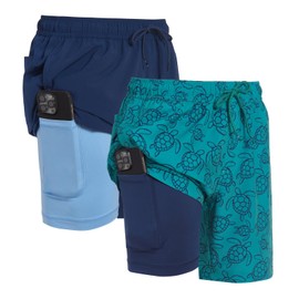 Dreamwave Mens 2 Pack Swim Trunks with Compression Liner Anti Chafing 7 inch Inseam Stretch Quick Dry Swim Shorts with Phone Pocket, Navy/Green, Turtles, X-Large