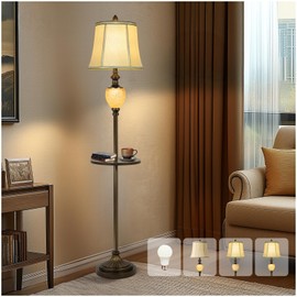 64" Vintage Floor Lamp for Living Room with Tray and Nightlight Farmhouse Tall Standing Lamp with Beige Faux Silk Shade Rustic Reading Lamp Decor for Bedroom Home Office Hotel Bar (Led Bulb Included)