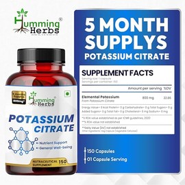 Humming Herbs Citrato de Potasio 800 mg – 150 Cápsulas Veganas | Apoyo Diario de Electrolitos y Minerales | Sin Aditivos, Sin OGM