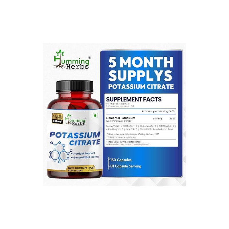Humming Herbs Citrato de Potasio 800 mg – 150 Cápsulas