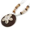 Avalaya Brown/Cream Coconut Shell Round Pendant with White Glass Bead