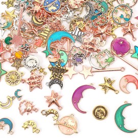 MARFOREVER 120 Pcs Mixed Sun Star Moon Charms for Jewelry Making, Celestial Charm Bracelet Charms Assorted Gold Enamel Charm Pendants for DIY Crafts Bracelet Necklace Earrings Making
