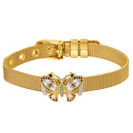 Flongo Mesh Bracelet Women's Bracelet with Zircon Butterfly Adjustable Width Stainless Steel Bracelet Adjustable Removable, Stainless Steel