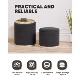 B FSOBEIIALEO Storage Ottoman Round Boucle Ottomans with Tray, Set of 2 Teddy Foot Rest Ottoman Cube with Storage for Living Room, Dark Grey 15"x15"x16.9"