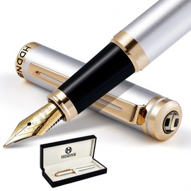 HDDNB Silver Luxury Fountain Pen Set for Men and Women with Gift Box, 24K Gold Finish and Gilded Nib(Extra Fine) with 5 Black Ink Cartridges and Converter