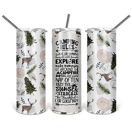 Camping Rules Tumbler with Straw Lid for Men Women Nature Design Outdoor Positive Motivational Gift 20 oz Travel Drink Cup