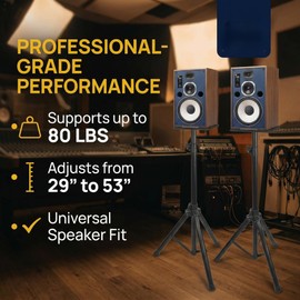 Heavy-Duty Studio Monitor Stands (Pair) - Adjustable Height 29" to 53" - 80lb Capacity Tripod Speaker Stands with Non-Slip Pads - Fits PA & Studio Monitors