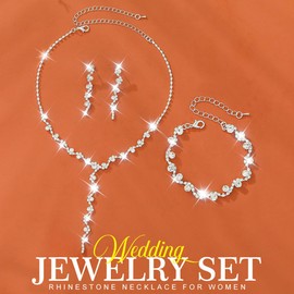 GORAIS Bridal Wedding Jewelry Set Silver Rhinestone Necklace Earring Sets Crystal Bracelet Formal Costume Jewelry for Women and Brides