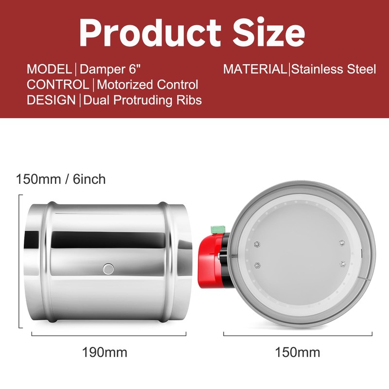 Aulmscn 6" Motorized Duct Damper,Adjustable Volume Damper, Stainless Steel Backdraft