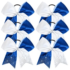 6PCS Glitter Cheer Bow Large Cheer Bows Rhinestones Hair Bows Girls 8"Cheerleading Bows Bulk Elastic Band Ponytail Holder for Teen Girls College Sports Competition Blue White