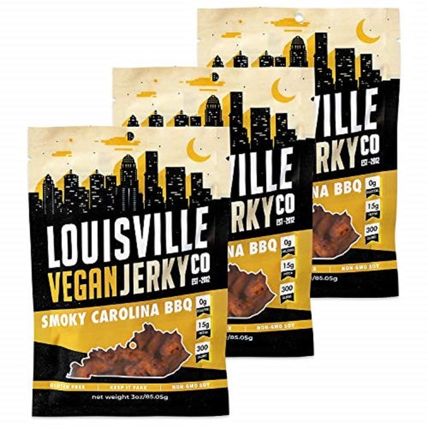 Louisville Vegan Jerky - Smokey Carolina BBQ, Vegetarian & Vegan Friendly Jerky, 21 Grams of Non-GMO Soy Protein, Gluten-Free Ingredients (3 oz) | 3-Pack