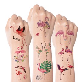 Kotkiddy 15 Sheets Flamingo Pre-cut Temporary Tattoos Stickers, Hawaiian Summer Tropical Luau Birthday Party Decorations Accessories Gifts for Girls Boys Baby Showers