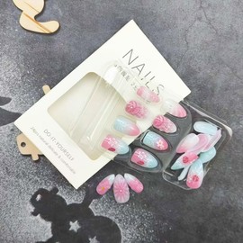 24Pcs Cute Flower Press on Nails Medium Almond Fake Nails Blue Pink False Nails with Ripple Design Bow Strawberry Acrylic Nail Full Cover Pearl Rhinestones Stick on Nail for Women Manicure Supplies