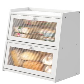 viewcare White Bread Box for Kitchen Counter, Large Bread Box With Cutting Board, Bamboo Wood Large Capacity Bread Storage Bin with Acrylic Wavy Door Panel