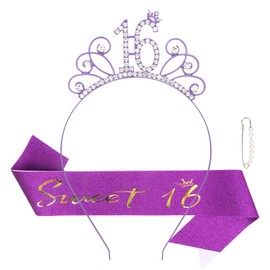 Casoty 16th Birthday Sash and Tiara for Girls, 16th Birthday Decorations for Girls, Purple Sweet 16th Sash and Headband Set, Sweet 16 Birthday Decorations