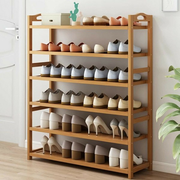 Bamboo Shoe Rack 6-Tier Shoe Storage Organizer Entryway Shoe Shelf Wood Color US