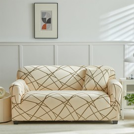 Printed Couch Cover for Living Room Stretch Washable Sofa Protector Modern Furniture Slipcovers with One Pillow Cover Universal Easy Fitted(Beige Line,4 Seater)