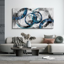 XLSJERST Blue Abstract Canvas Wall Art - Modern Art Wall Decor Wall Pictures for Living Room Bedroom Office Gray and White Paintings Artwork for Wall Size 24x48 Inches