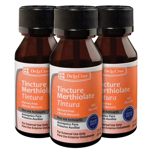 De La Cruz Merthiolate Tincture Antiseptic - First Aid for Minor Cuts, Scrapes and Burns - Mercury-Free Formula Safe for The Entire Family (3 Bottles)