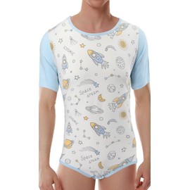 CutiePlusU Men's Cotton Button Crotch Bodysuits Adult Romper Onesie for Men-Romantic Planet White L