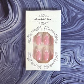 French Tip Press on Nails Medium Length Fake Nails Almond Shaped False Nails Full Cover Glue on Nails with French Design Glossy White Nail Tips Pink Acrylic Nails for Women Girls Manicure Decor