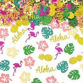 240 Pcs Hawaiian Tropical Confetti Flamingo Pineapple Palm Luau Flower Summer Gold Pink Green Leaf Confetti Party Decorations for Birthday Baby Shower Pool Beach Jungle Wedding