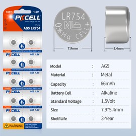 PKCELL LR754 Battery AG5 Button Cell Battery 1.5 Volt 309 393 SR754W Alkailine Coin Batteries (20 Count (Pack of 1))