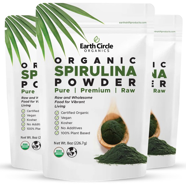 Earth Circle Organics Organic Spirulina Powder, Kosher, Raw and Non-Irradiated | Pure Vegan Protein | Premium Energy Superfood, High in Amino Acids and Antioxidants - (8oz - 3 Pack)